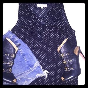 Loft Neck Tie Top Sleeveless (EUC) Blue Polkadots